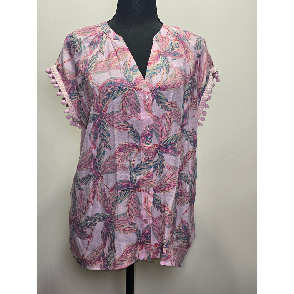 Women Blouse Size Large Pink Tropical Palm Print Pom Pom Sleeve Boho Resort
